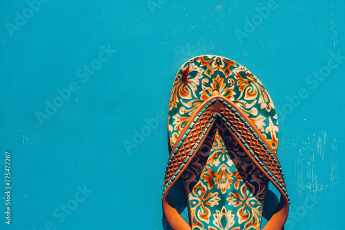A colorful flip flop with a floral design sits on a blue surface. Concept of relaxation and leisure, as the flip flop is often associated with beach or poolside activities photo