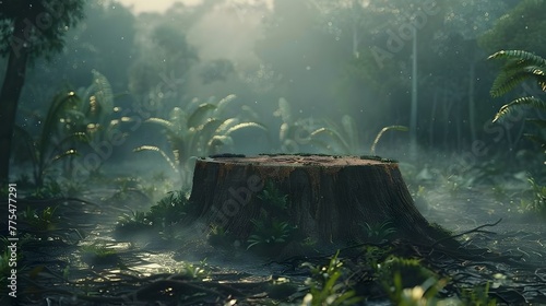 Serene Forest Stump in Misty Jungle Landscape Highlighting Environmental Implications of Deforestation photo