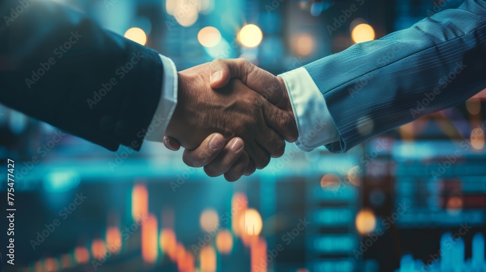 Two businessman shake hand with partner to celebration partnership and business deal concept. - obrazy, fototapety, plakaty 