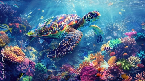 Turtle swimming in the colorful underwater sea world. AI Generated 