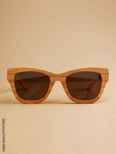A pair of wooden sunglasses with a black frame. The sunglasses are sitting on a tan background. The sunglasses have a natural, earthy feel to them, which gives them a rustic, vintage look