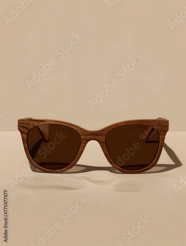 A pair of wooden sunglasses with brown lenses. The sunglasses are sitting on a white background. The sunglasses are made of wood and have a brown tint