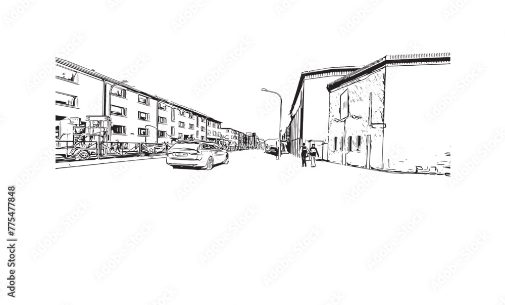 Print Building view with landmark of Reykjavík is the 
capital in Iceland. Hand drawn sketch illustration in vector.