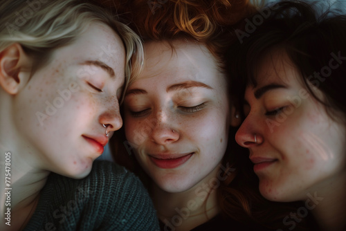 Polyamorous relationship between three lesbian women, a portrayal of love, pride, and bisexual inclusivity in a lesbian threesome photo