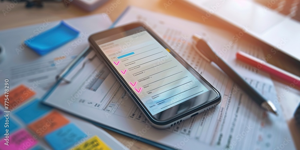 To-do list app on a smartphone, tasks checked off, organized day, close-up To-do list app on a smartphone, tasks checked off, organized day, close-up