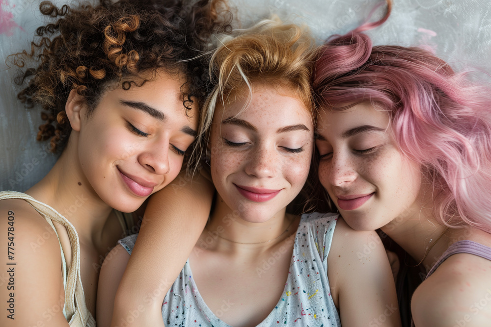 Polyamorous relationship between three lesbian women, showcasing love, pride, and connection in a committed threesome