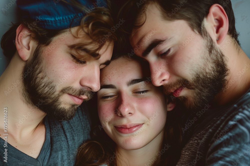 Polyamorous relationship between two men and one woman, a portrayal of mutual love and connection in a threesome Polyamorous relationship between two men and one woman, a portrayal of mutual love and connection in a threesome