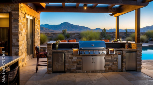 Custom outdoor kitchen and living area