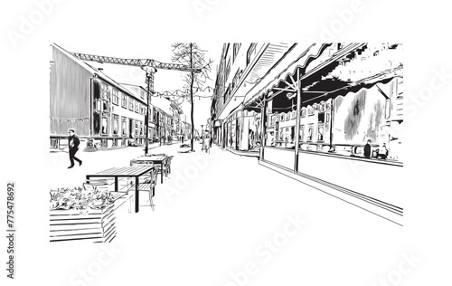 Print Building view with landmark of Reykjavík is the 
capital in Iceland. Hand drawn sketch illustration in vector.