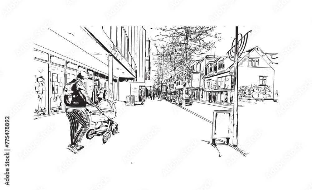 Fototapeta premium Print Building view with landmark of Reykjavík is the capital in Iceland. Hand drawn sketch illustration in vector.