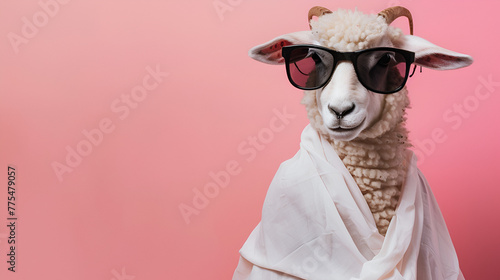 cute Eid al-Adha wallpaper, bakra eid mubarak, concept, cute sheep in coat pent and glasses with copy space photo