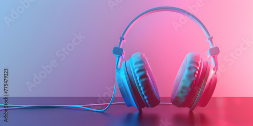 A pair of headphones with a blue cord hanging from them. The headphones are on a table with a purple background photo