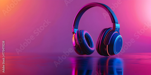 A pair of headphones is on a table with a purple background. The headphones are black and have a sleek design. Concept of modernity and sophistication, as well as a focus on technology photo