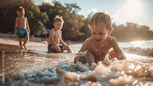 A group of children have fun on the beach playing on the beach with the sand and waves. Beach, games and childhood concept. #775479278