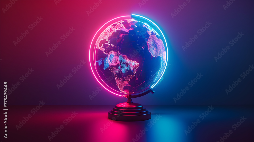 A glowing globe with neon colors and a black base. The globe is lit up and he is a representation of the Earth