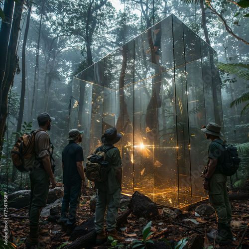 Jungle explorers coming across a clearing with a geometric, mirrored art installation