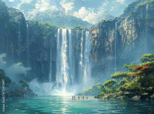 A mystical waterfall flowing upwards, with adventurers swimming along its path