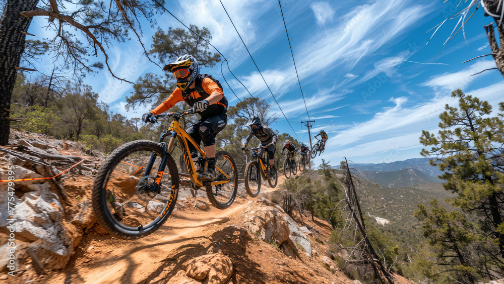 Mountain bikers racing on a trail suspended in the sky, thrilling and otherworldly