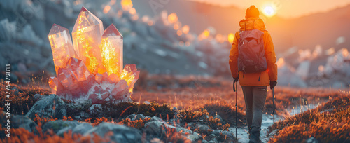 Hikers on a trail leading to a gigantic, glowing crystal, ethereal outdoor adventure
