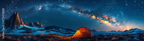 Surreal camping site with tents floating in mid-air, under a galaxy-filled sky