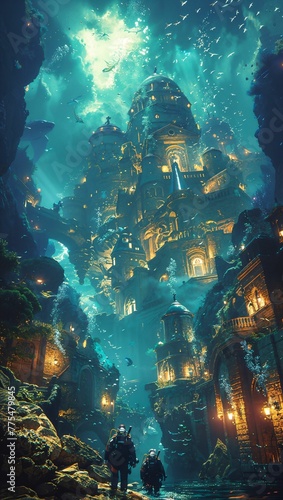 Deep-sea divers exploring a glowing underwater city, surrounded by mythical creatures