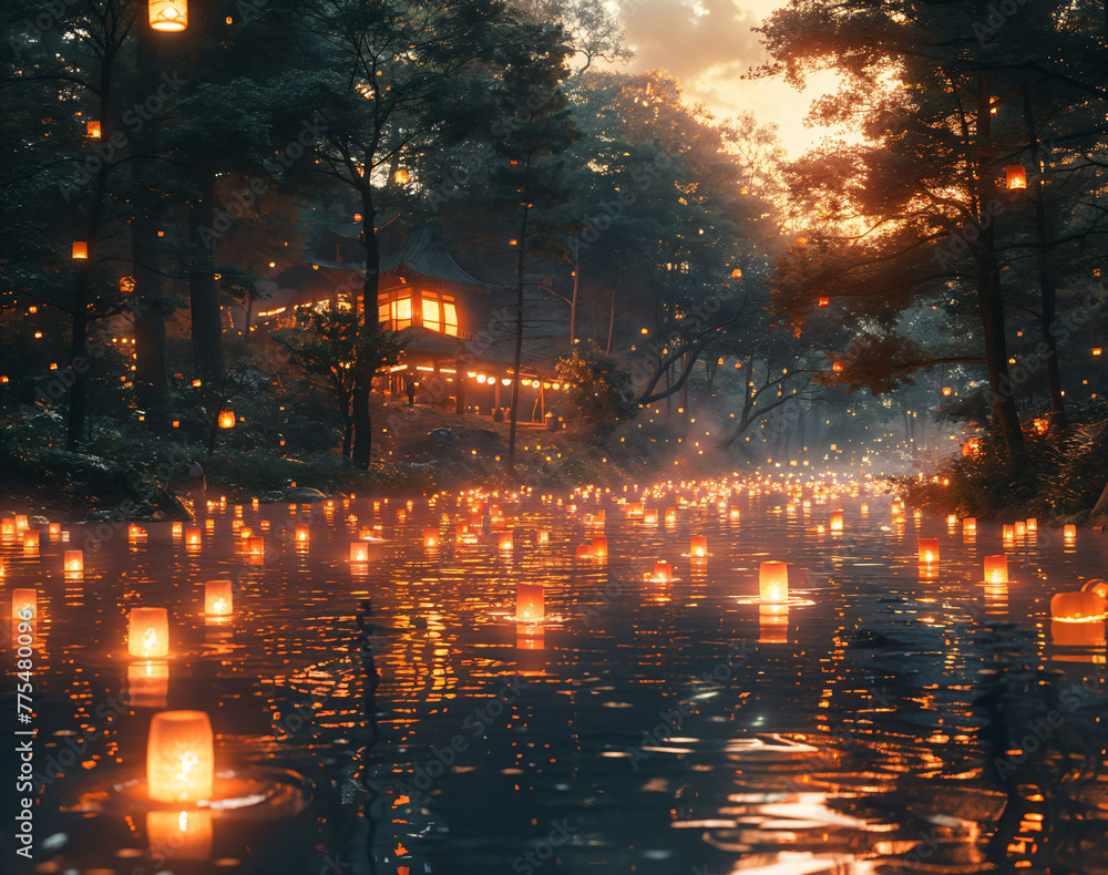 A surreal scene of campers surrounded by floating, glowing lanterns in a forest