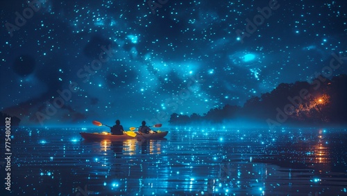 Vibrant kayakers on a luminous bioluminescent lake, stars reflecting in water, surreal colors © akarawit