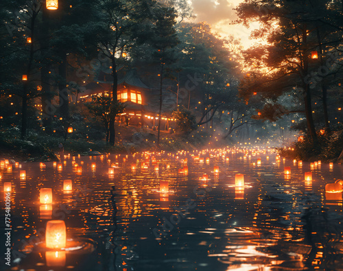 A surreal scene of campers surrounded by floating, glowing lanterns in a forest © akarawit