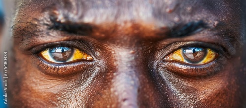 Close up of a man's face with striking yellow eyes