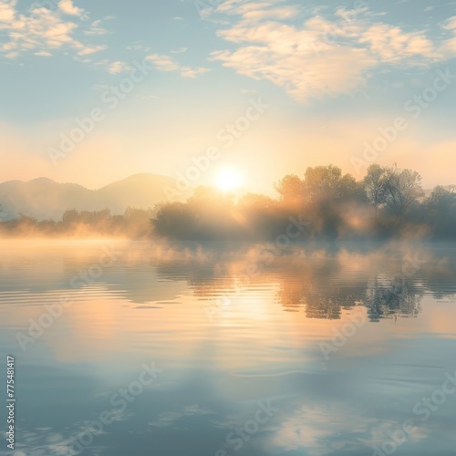 A tranquil sunrise over a misty lake, where the early morning light gently breaks through a thin layer of fog, casting a soft glow on the water. The scene encapsulates the peaceful start of a day