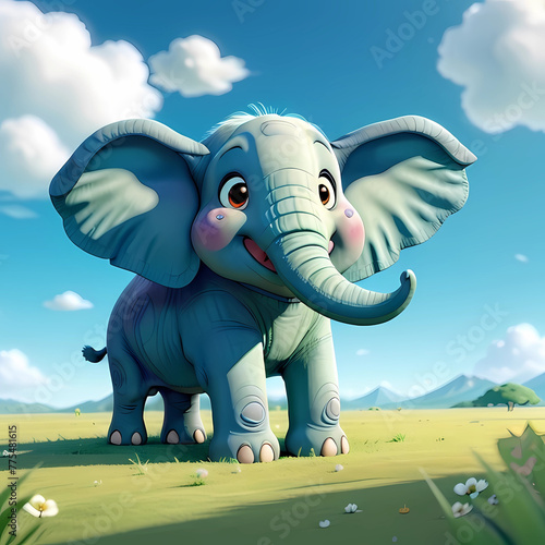 A cute baby elephant stands in the vast and green grassland.