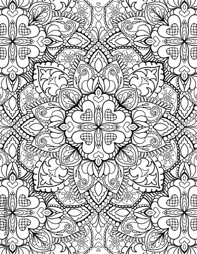 Ornamental mandala adult coloring book page. Zentangle style coloring page. Mandala black outline