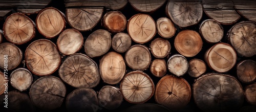 A close-up view of a stack of assorted wooden logs and planks set against a dark black background photo