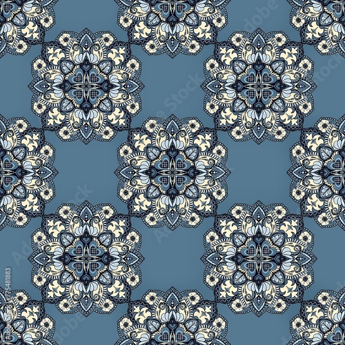 Indian, Arabic style ornamental mandala seamless pattern design, cool blue and yellow colours