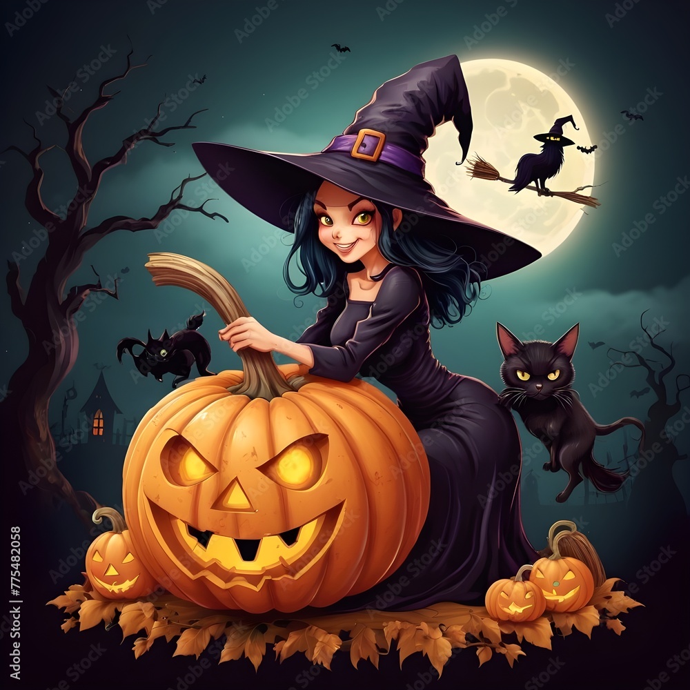 illustration of a witch with a pumpkin Halloween night. illustration of a witch with a pumpkin Halloween night.