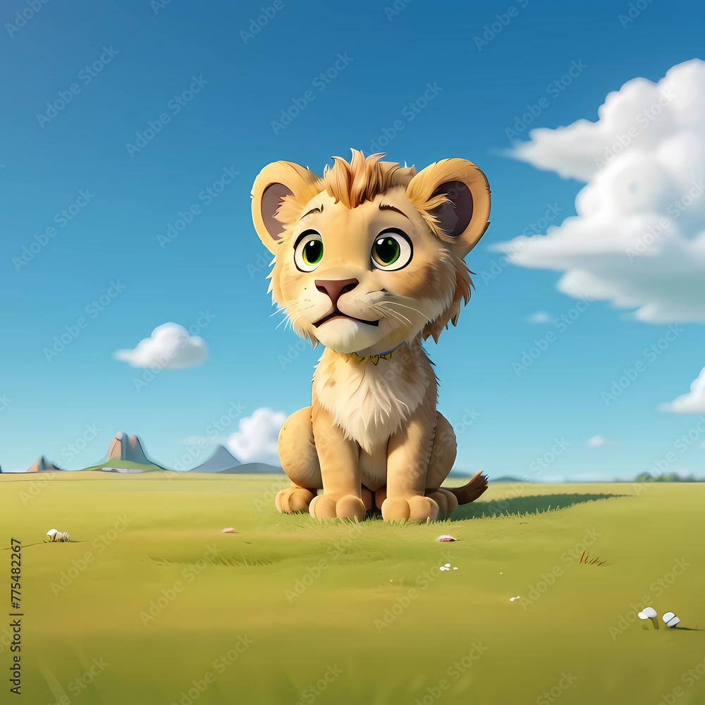 A cute lion cub stands on the vast and green grassland A cute lion cub stands on the vast and green grassland