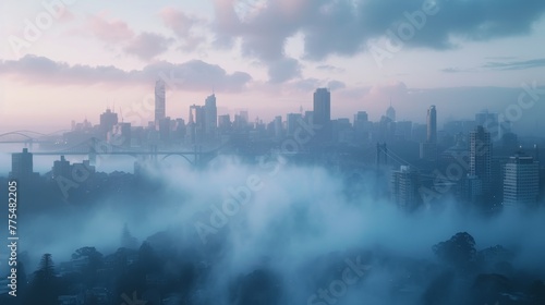 A cityscape blanketed in thick fog early in the morning, with the outlines of buildings and bridges barely visible ::3 --ar 16:9 --quality 0.5 Job ID: 216b32cf-86ee-4e61-822c-eb22d365cea5
