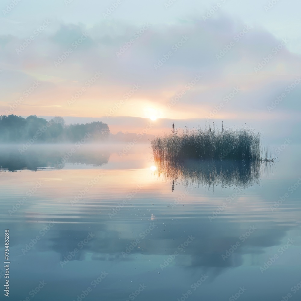 Fototapeta premium A tranquil sunrise over a misty lake, where the early morning light gently breaks through a thin layer of fog, casting a soft glow on the water. The scene encapsulates the peaceful start of a day