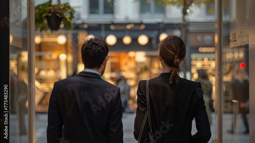 Two welldressed individuals admire the luxury storefronts backs to the camera as they window shop and discuss the latest fashion . .