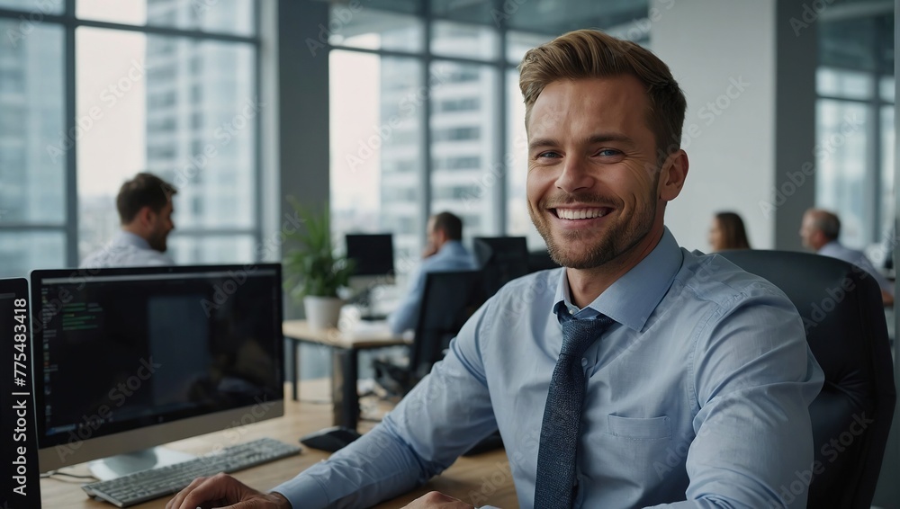 Happy Male Sales Manager Typing On Desktop Computer In Diverse Corporate Office With Megapolis Window View, Proffesional Caucasian Man Smiling After Closing Big Advertising Deal Happy Male Sales Manager Typing On Desktop Computer In Diverse Corporate Office With Megapolis Window View, Proffesional Caucasian Man Smiling After Closing Big Advertising Deal