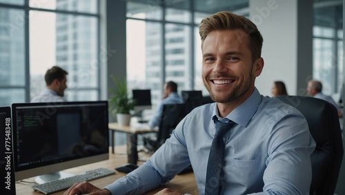 Happy Male Sales Manager Typing On Desktop Computer In Diverse Corporate Office With Megapolis Window View, Proffesional Caucasian Man Smiling After Closing Big Advertising Deal