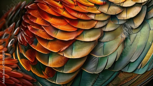 A close-up of a hens feathers showcasing the intricate patterns and vibrant colors