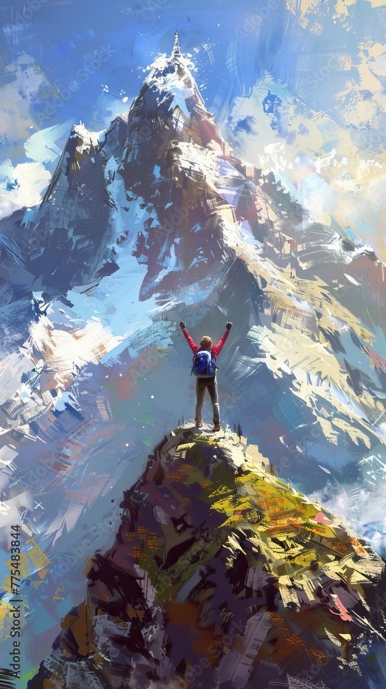 A solitary hiker reaching the peak of a mountain arms raised in triumph and joy