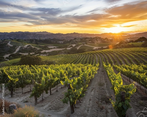 A panoramic sunset view over a vineyard with rows of grapevines stretching into the distance