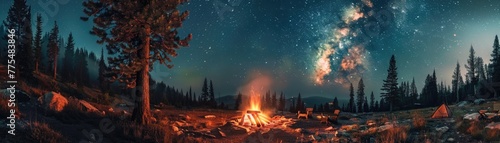 A smoldering campfire under the stars with friends gathered around sharing stories