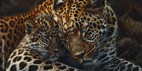 leopard cradles her cub in the wild, generative AI