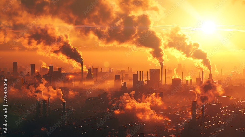 Industry landscape: big city with many factories against warm high temperature sun