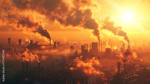 Industry landscape: big city with many factories against warm high temperature sun photo