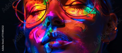 A woman wearing glasses with vibrant neon makeup photo