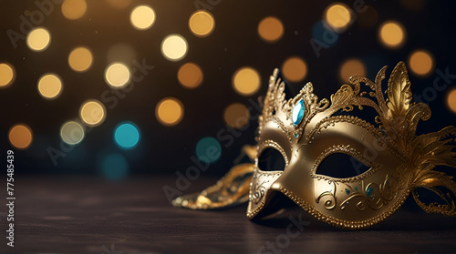 Luxury Mardi Gras golden mask with feathers. Dark background with shining bokeh effect and golden.generative.ai